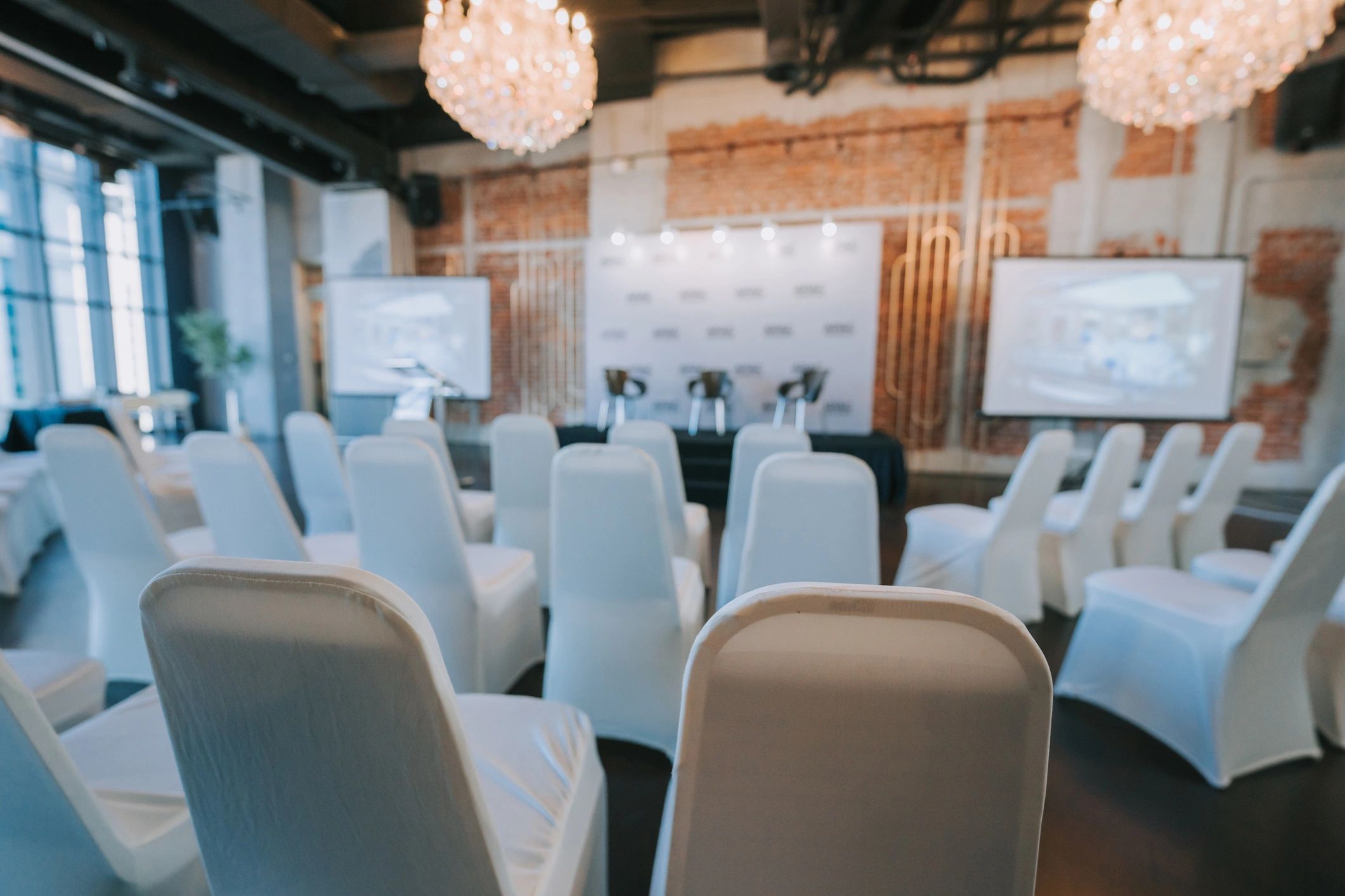 Styled event venue prepared for a festive corporate gathering