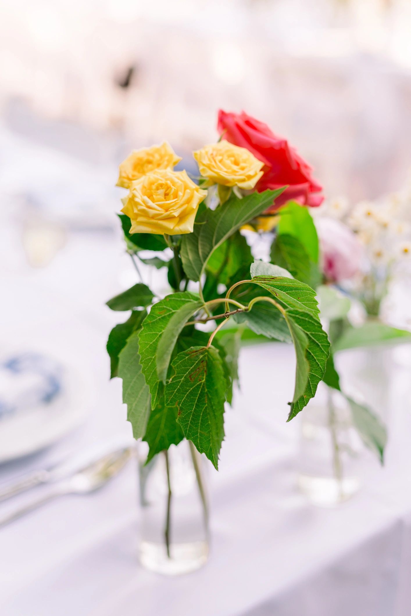 Fresh floral arrangement on a white tablecloth