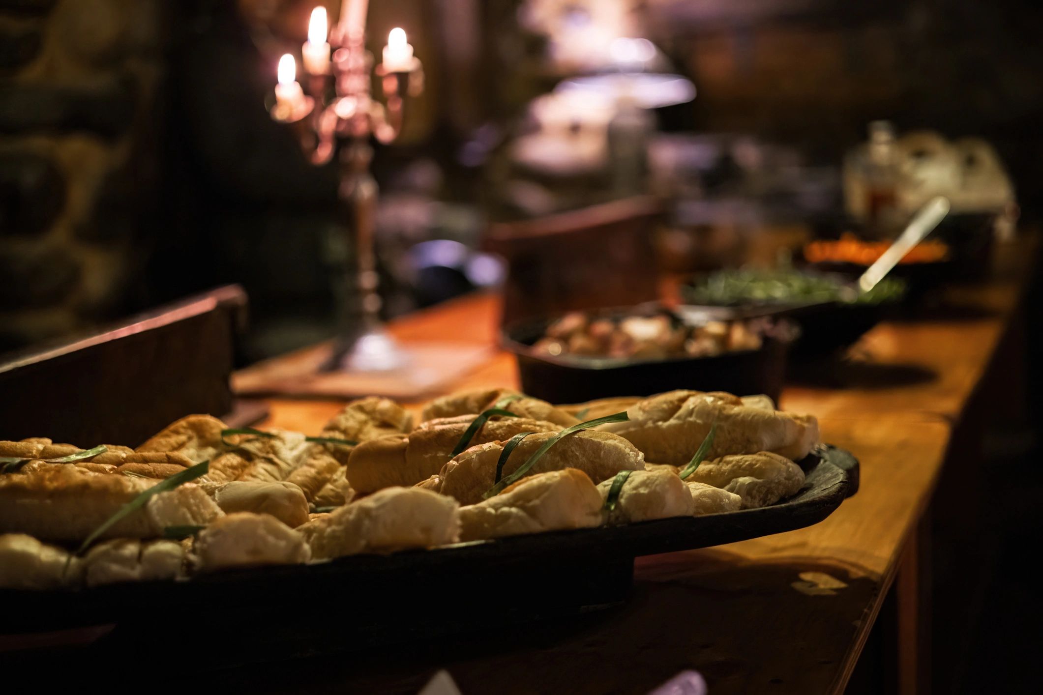 Curated buffet and décor details for a holiday event