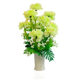Artificial carnation flowers decorated in white vase isolated on white background with path